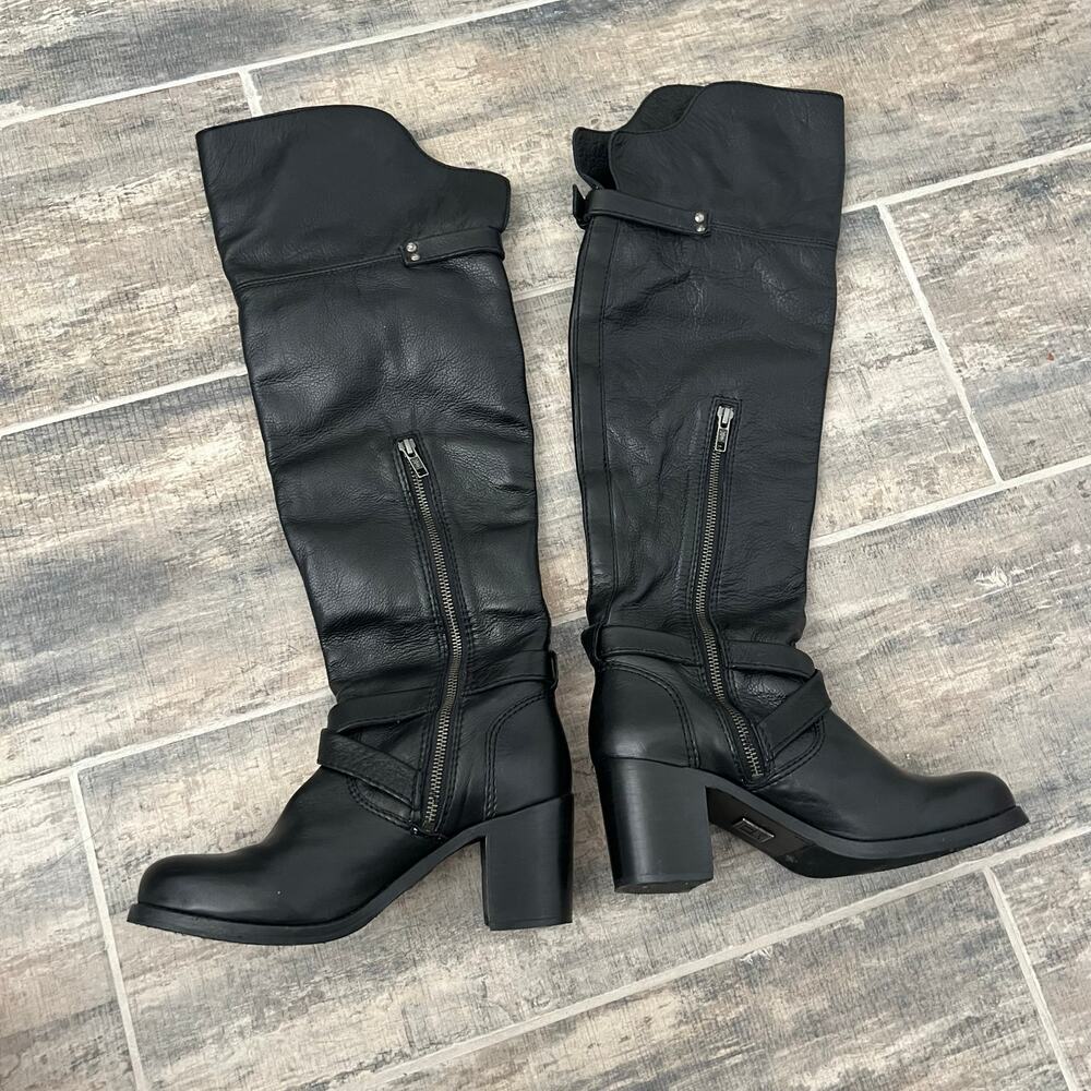 Frye Kelly Black Leather Over the Knee Boots Buckle Strap Block Heel Riding boot - Picture 2 of 12